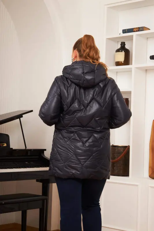 Plus Size Hooded Quilted Puffer Jacket Navy Blue - 6