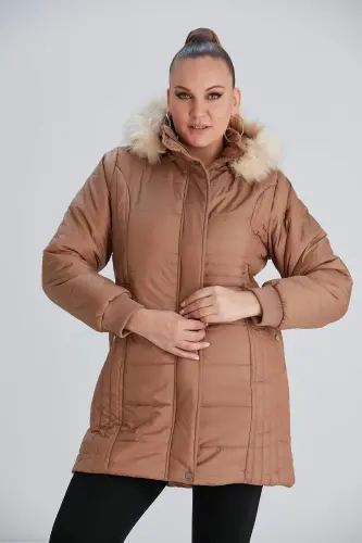 Plus Size Hooded Tan Coat - 1