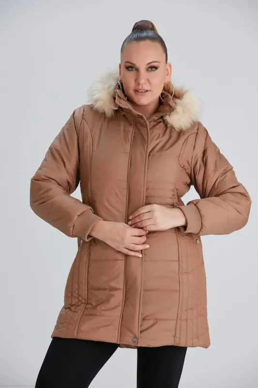 Plus Size Hooded Tan Coat - 1