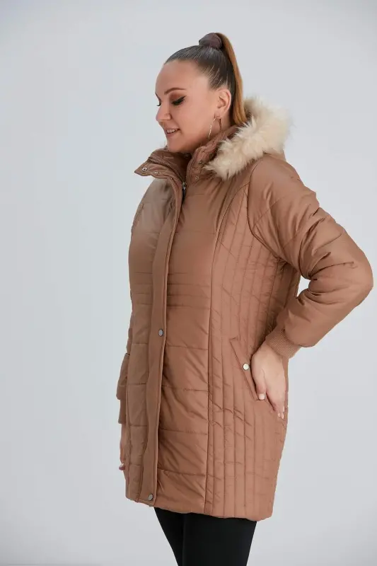 Plus Size Hooded Tan Coat - 2