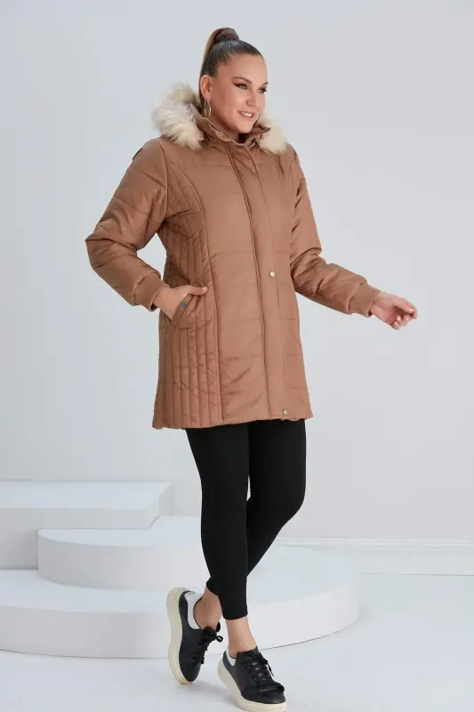 Plus Size Hooded Tan Coat - 4