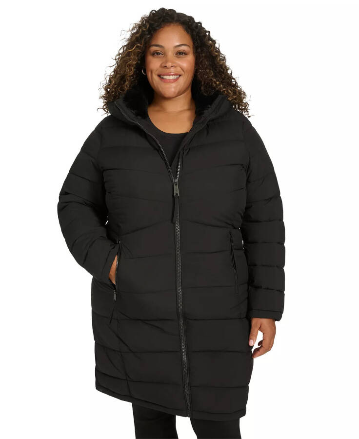 Plus Size Hooded Zip-Front Puffer Coat Black - 1