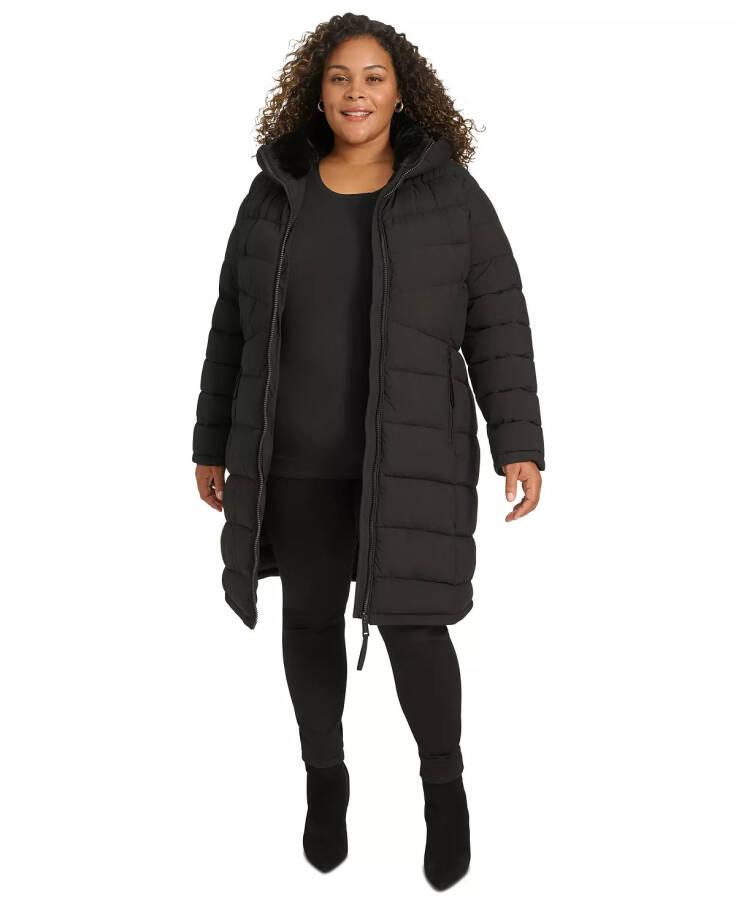 Plus Size Hooded Zip-Front Puffer Coat Black - 4