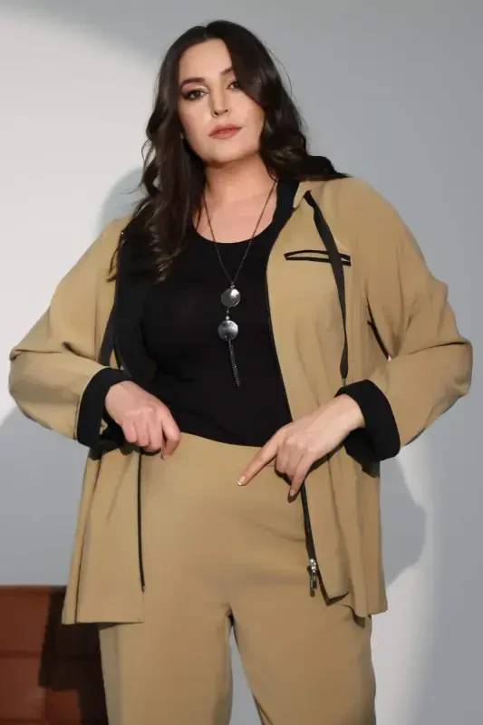 Plus Size Hooded Zip-Up Beige Trench Coat - BÜYÜKBEDENIZ