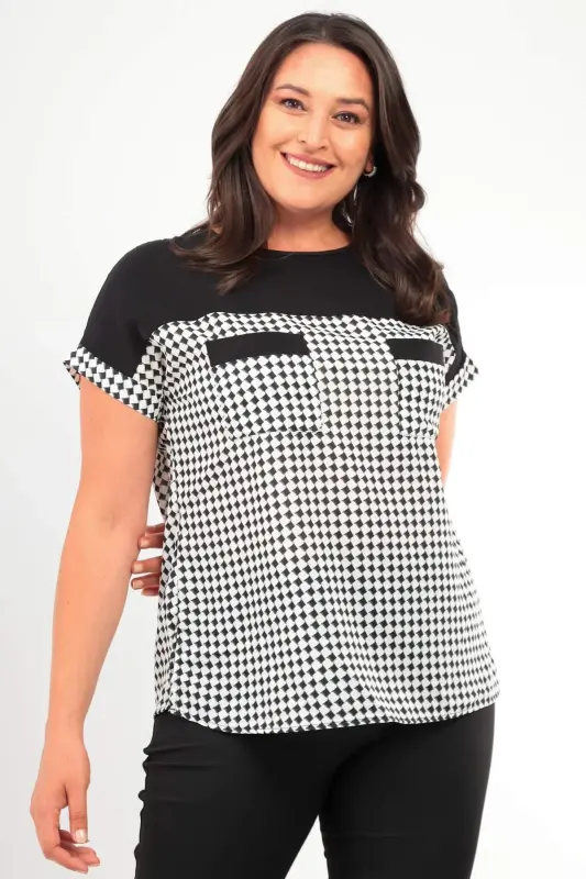 Plus Size Houndstooth Pattern Pocket Detail Black Blouse - 1