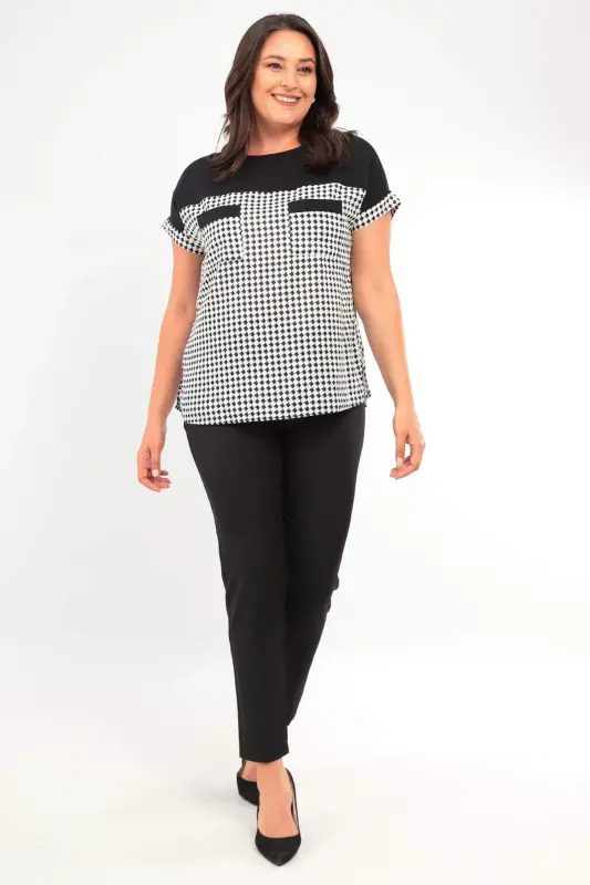 Plus Size Houndstooth Pattern Pocket Detail Black Blouse - 2
