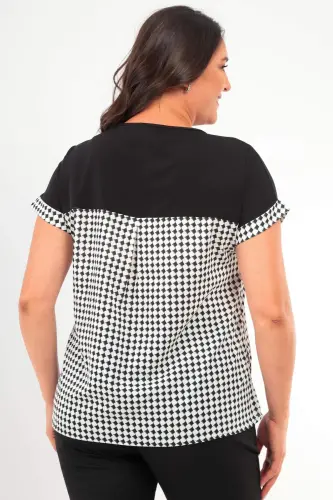 Plus Size Houndstooth Pattern Pocket Detail Black Blouse - 5