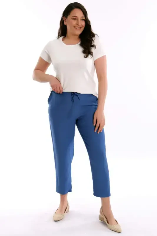 Plus Size Indigo Elastic Waist Trousers - BÜYÜKBEDENIZ