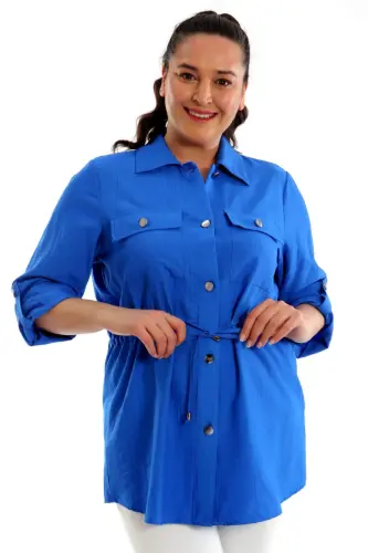 Plus Size Indigo Jacket with Waist Tie and Pockets - 1