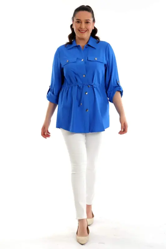 Plus Size Indigo Jacket with Waist Tie and Pockets - 2