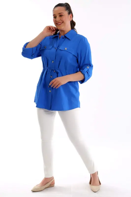 Plus Size Indigo Jacket with Waist Tie and Pockets - 4