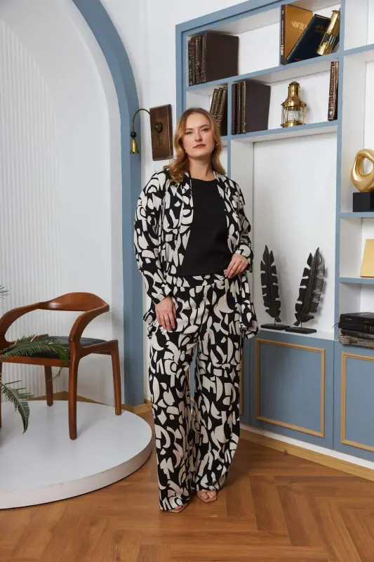 Plus Size Jacket-Tank Top-Pants Viscose Set Black - BÜYÜKBEDENIZ