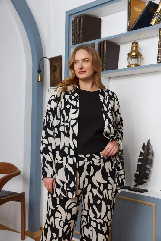 Plus Size Jacket-Tank Top-Pants Viscose Set Black - 2