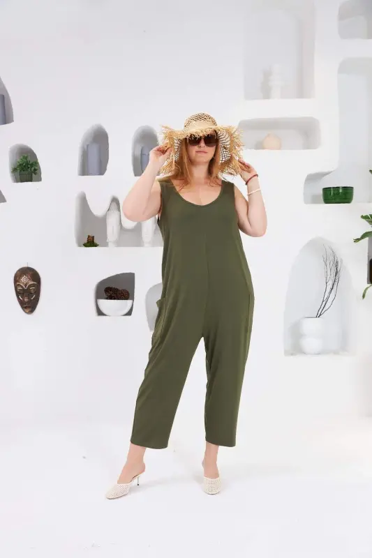 Plus Size Jumpsuit with Pocket Detail Khaki - BÜYÜKBEDENIZ