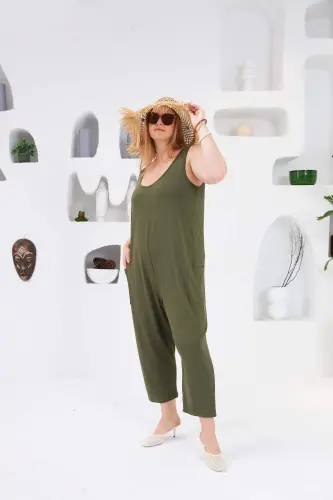 Plus Size Jumpsuit with Pocket Detail Khaki - 4