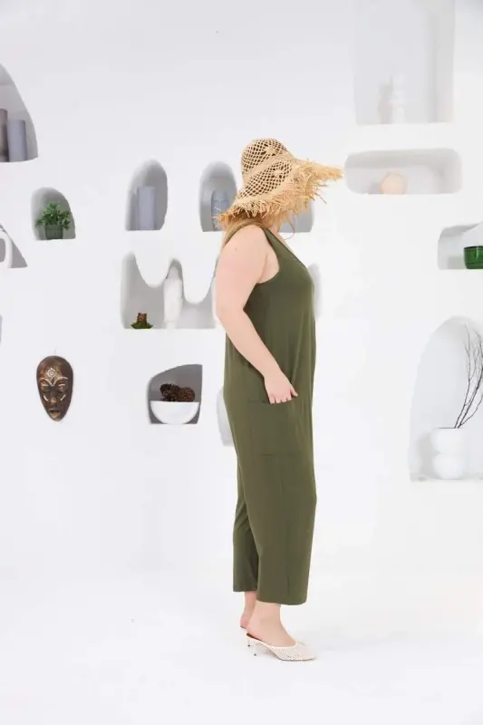 Plus Size Jumpsuit with Pocket Detail Khaki - 3