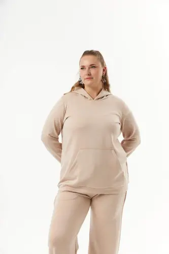 Plus Size Kangaroo Pocket Modal Sweatshirt Mink - BÜYÜKBEDENIZ (1)