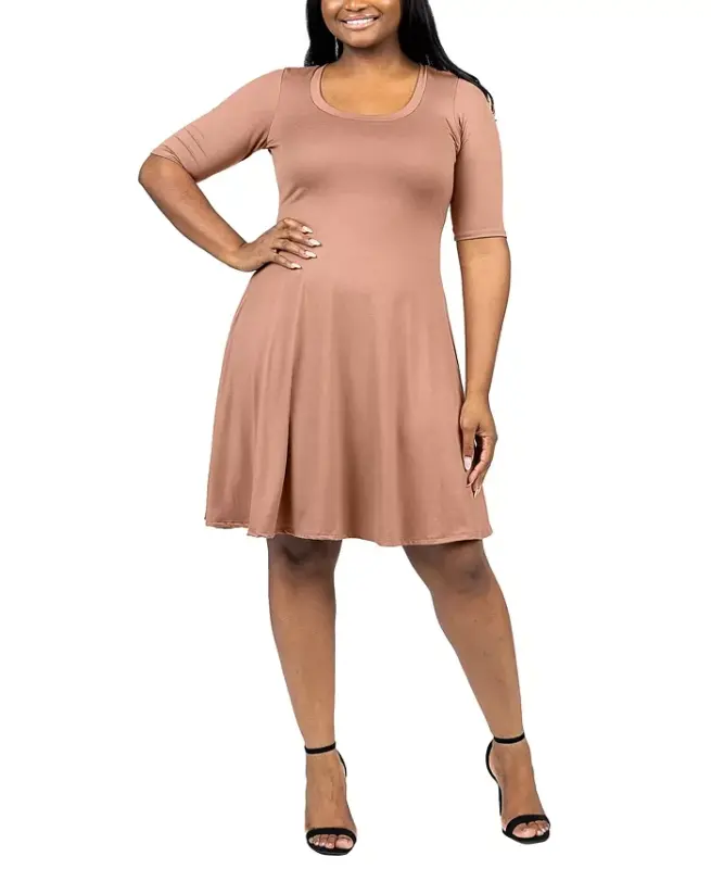 Plus Size Knee Length Dress-Mocha - 24SEVEN COMFORT APPAREL