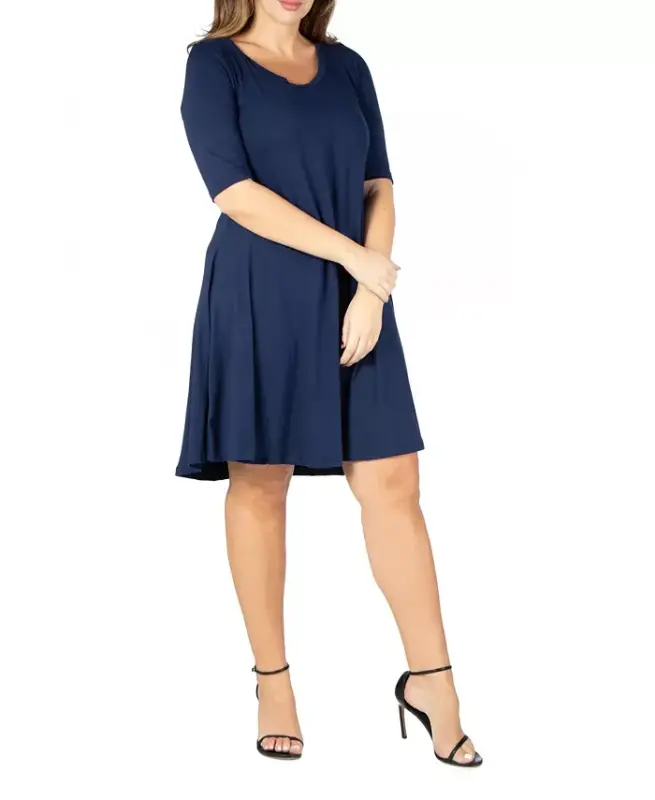 Plus Size Knee Length Dress-Navy - 3