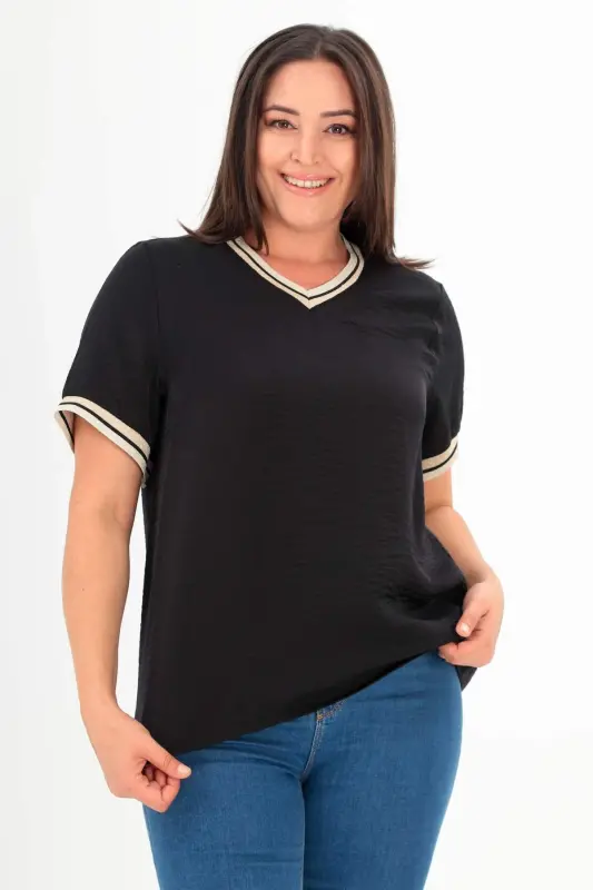 Plus Size Knit Banded Black Blouse - 1