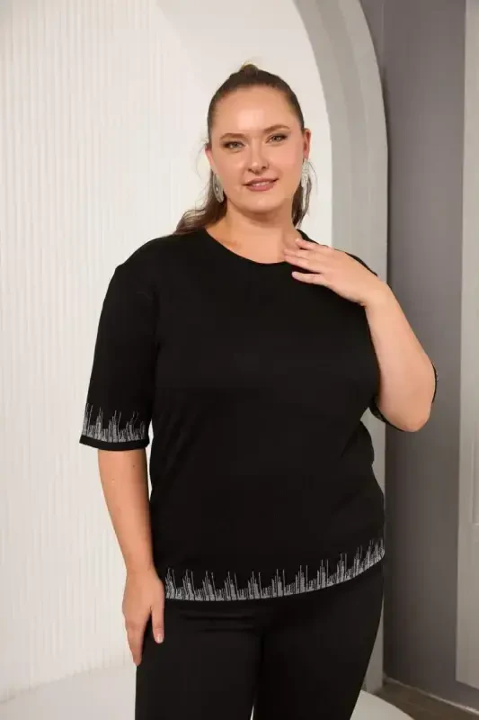 Plus Size Knitted Short Sleeve Sweater Black - 2