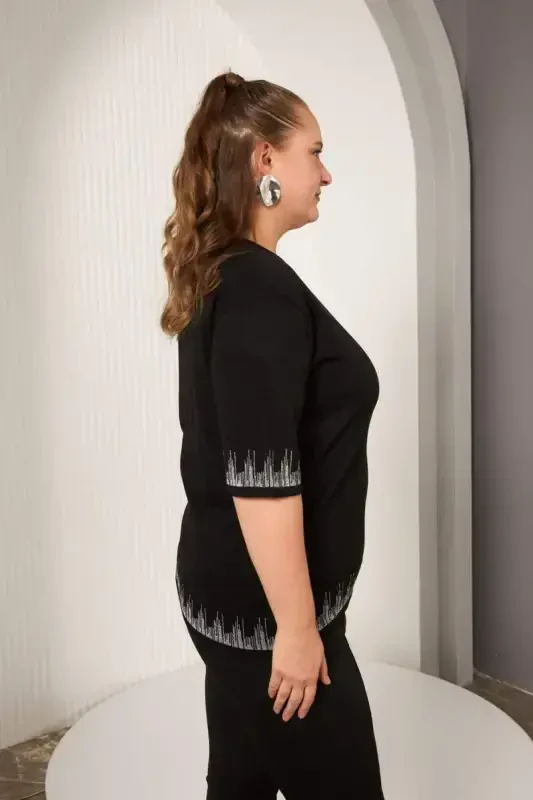 Plus Size Knitted Short Sleeve Sweater Black - 3