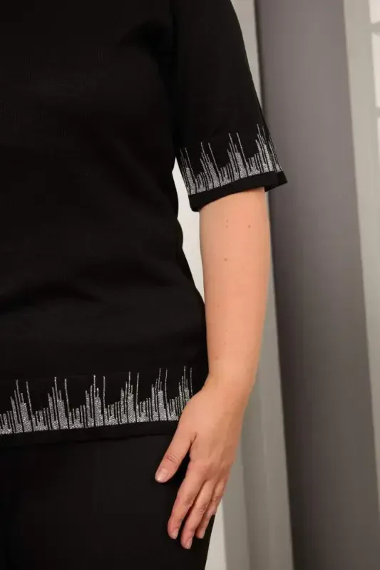 Plus Size Knitted Short Sleeve Sweater Black - 4