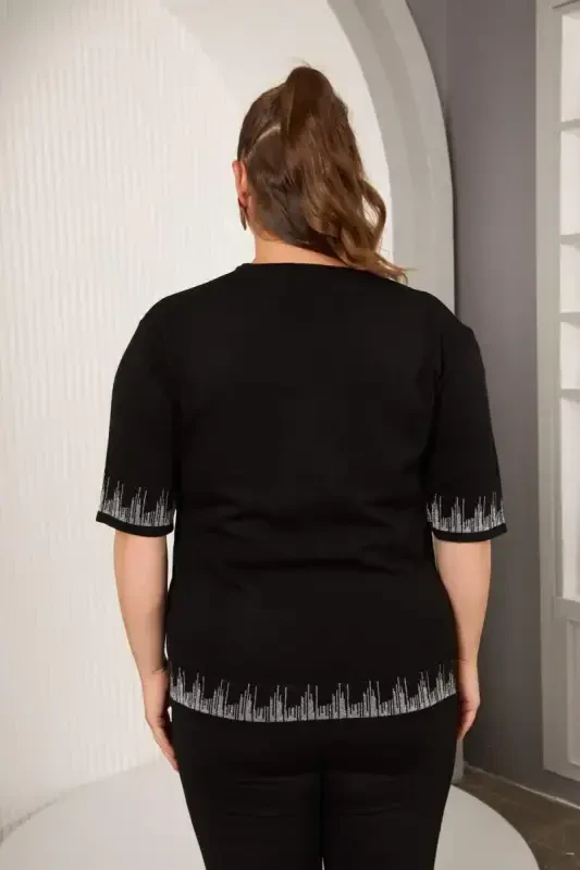 Plus Size Knitted Short Sleeve Sweater Black - 5