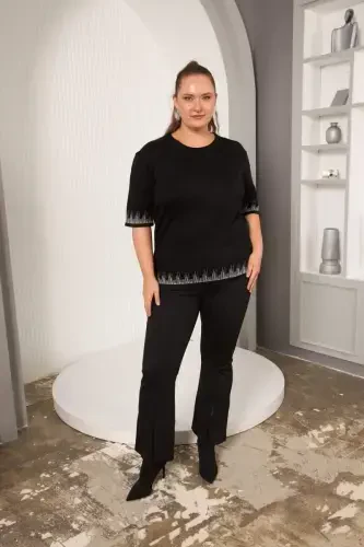 Plus Size Knitted Short Sleeve Sweater Black - 6