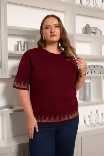 Plus Size Knitted Short Sleeve Sweater Burgundy - 1