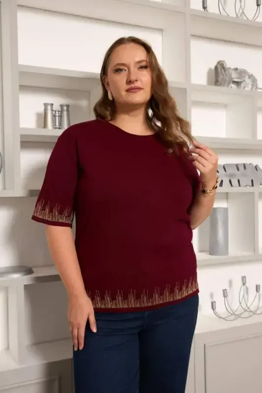 Plus Size Knitted Short Sleeve Sweater Burgundy - 1