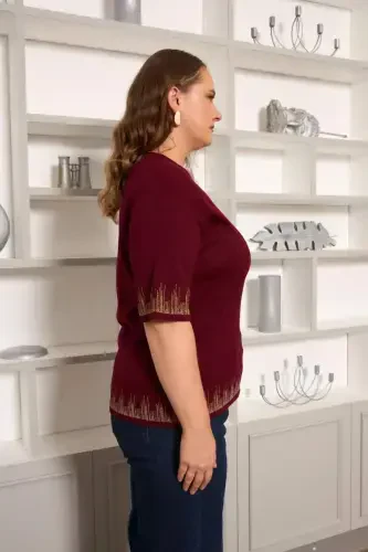 Plus Size Knitted Short Sleeve Sweater Burgundy - BÜYÜKBEDENIZ (1)