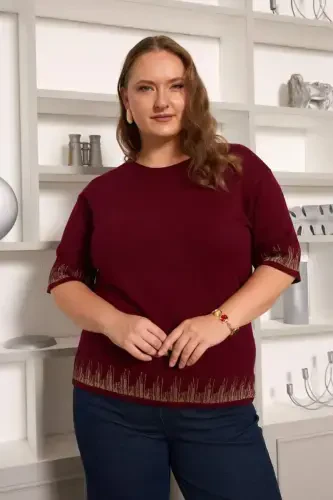 Plus Size Knitted Short Sleeve Sweater Burgundy - 3
