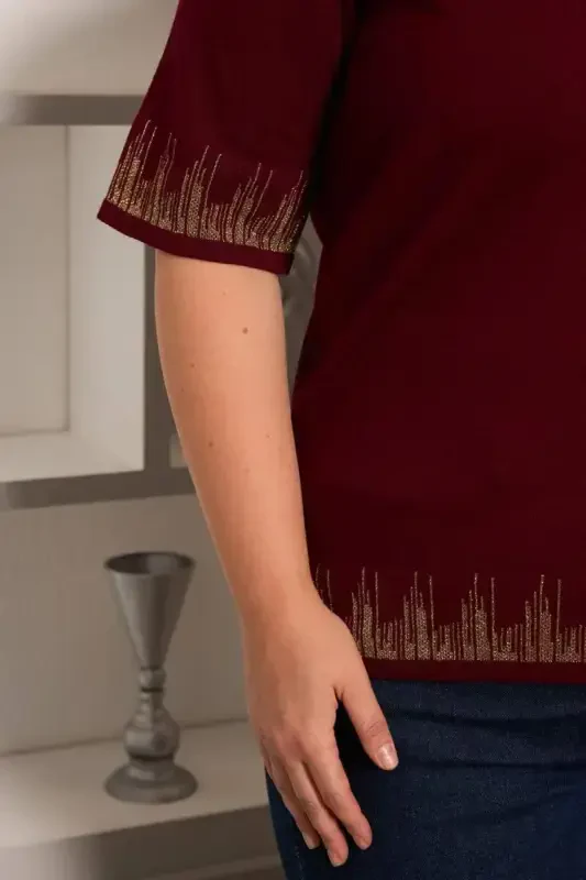 Plus Size Knitted Short Sleeve Sweater Burgundy - 4