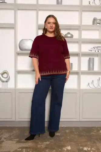 Plus Size Knitted Short Sleeve Sweater Burgundy - 5