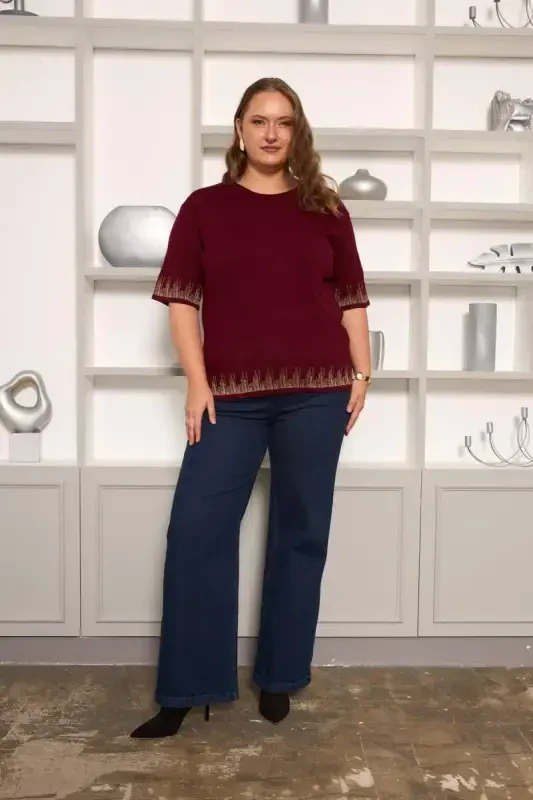 Plus Size Knitted Short Sleeve Sweater Burgundy - 5