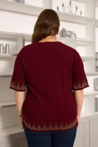 Plus Size Knitted Short Sleeve Sweater Burgundy - 6