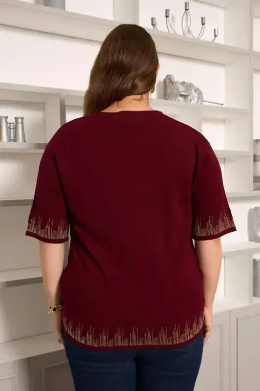 Plus Size Knitted Short Sleeve Sweater Burgundy - 6