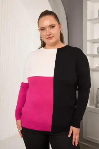 Plus Size Knitted Sweater with Trim Fuchsia - 1