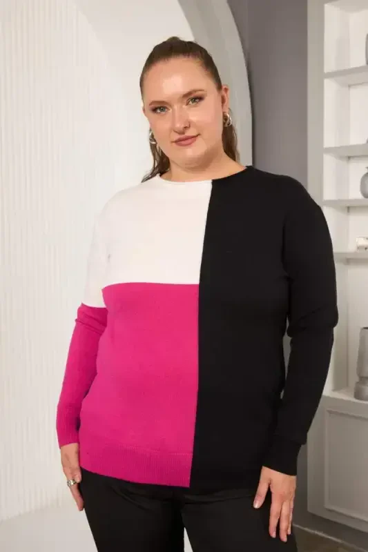Plus Size Knitted Sweater with Trim Fuchsia - 1