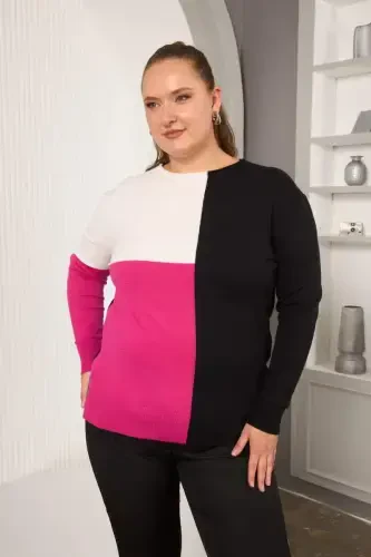 Plus Size Knitted Sweater with Trim Fuchsia - BÜYÜKBEDENIZ (1)