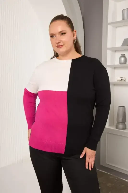Plus Size Knitted Sweater with Trim Fuchsia - 2