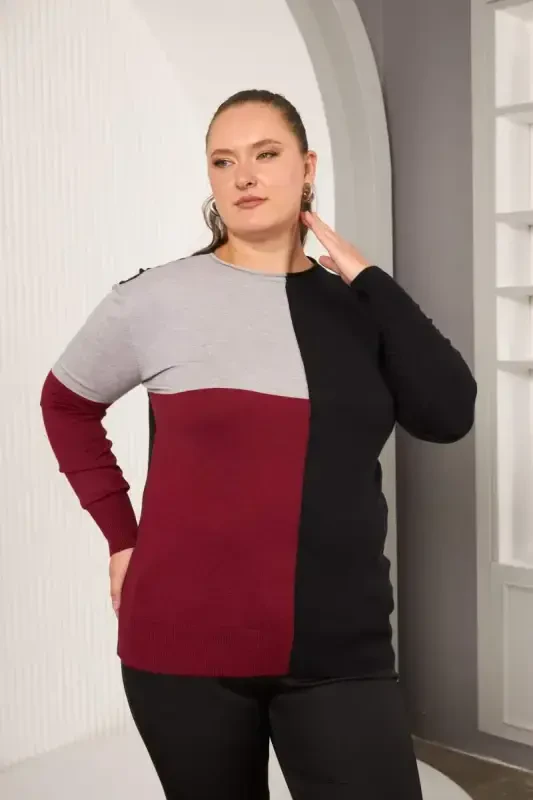 Plus Size Knitwear Embellished Sweater Burgundy - 2