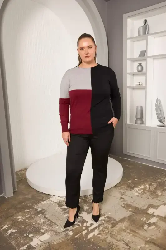 Plus Size Knitwear Embellished Sweater Burgundy - 4