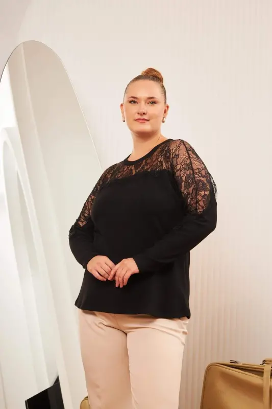 Plus Size Lace Detail Blouse Black - 2