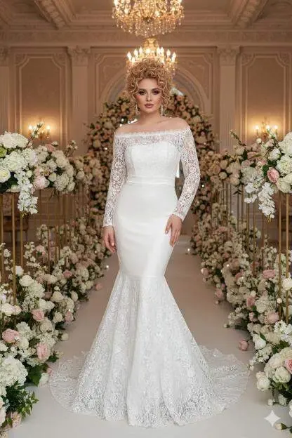 Plus Size Lace Yoke Elasticated Adjustable Fishtail Wedding Dress (40–50) ND4022 - 2