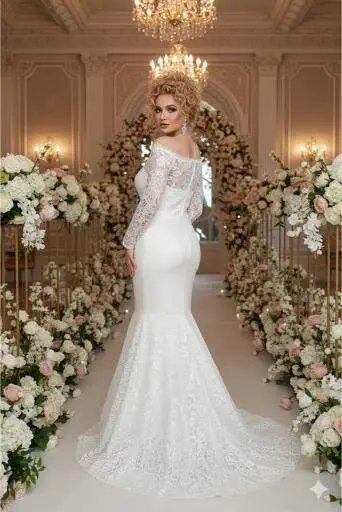 Plus Size Lace Yoke Elasticated Adjustable Fishtail Wedding Dress (40–50) ND4022 - 3