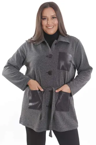 Plus Size Leather Pocket Detailed Belted Black Jacket - 1