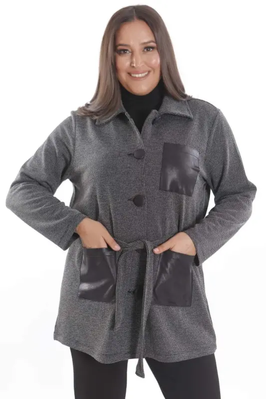 Plus Size Leather Pocket Detailed Belted Black Jacket - 1