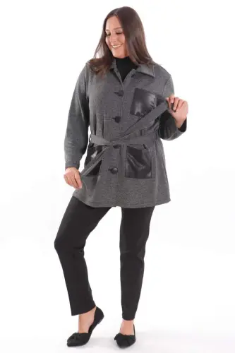 Plus Size Leather Pocket Detailed Belted Black Jacket - BÜYÜKBEDENIZ (1)